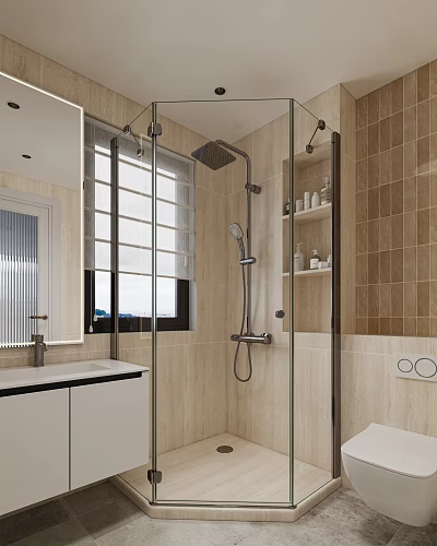 Warm Modern Beige Tiled Bathroom With Glass Shower Enclosure And Built In Storage Niche 3d model