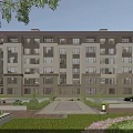 Three Story Townhouse Exterior With Landscaped Garden Large Windows And Front Entrance