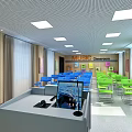 School Classroom Interior With Green And Blue Foldable Chairs Blackboard Projector Screen And Ceiling Lights