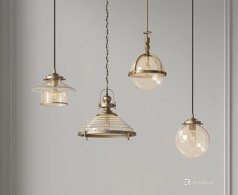 Stylish Pendant Lights With Glass Shades And Metal Frames For Interior Decoration 3d model 