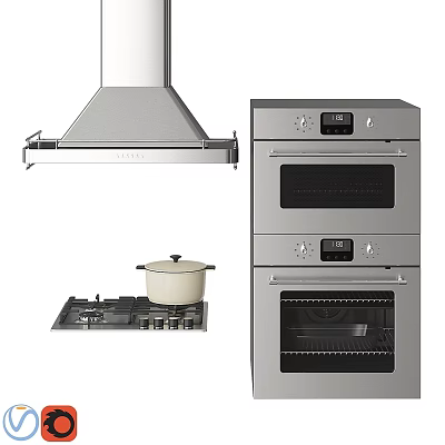 Stainless Steel Kitchen Appliances Including Range Hood Double Ovens Gas Stove And Cooking Pot 3d model