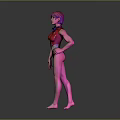 Animated Female Character With Pink Hair Red Top And Gray Pants
