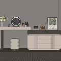 Modern Dressing Table Interior With Round Mirror Flower Vase Cosmetics Stool And Drawers