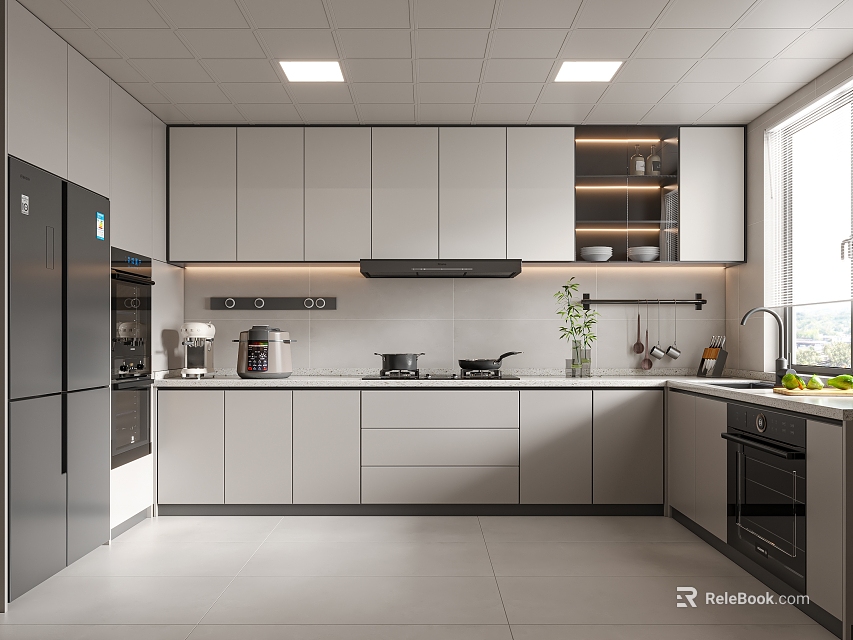 Modern Kitchen Interior Design With Grey Cabinets White Countertop Stainless Steel Appliances And Natural Light 3d model 