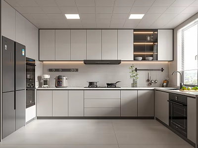 Modern Kitchen Interior Design With Grey Cabinets White Countertop Stainless Steel Appliances And Natural Light 3d model