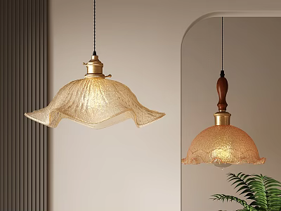 Stylish Pendant Lights With Gold Metal Base Wooden Hanger And Pleated Textured Glass Shades 3d model