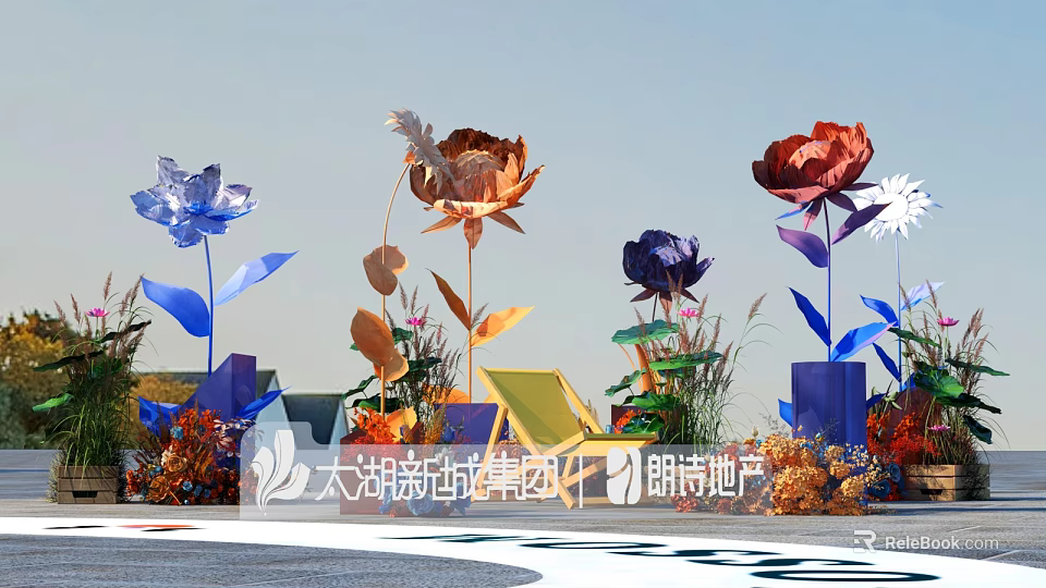 Colorful Giant Flower Sculptures With Green Plants And Yellow Chair In Outdoor Decorative Scene 3d model 