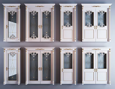 European-style double-door gold carved painted glass door combination 3d model