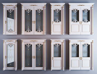 European-style double-door gold carved painted glass door combination 3d model