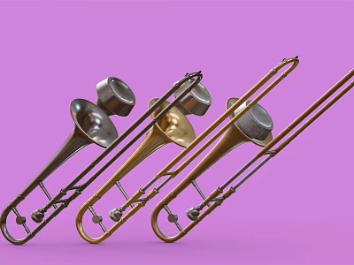 Three Silver And Gold Brass Trombones On Purple Background Musical Instruments 3d model