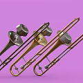 Three Silver And Gold Brass Trombones On Purple Background Musical Instruments
