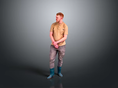 Man Standing Against Gray Background In Brown T-shirt Gray Pants Blue Boots With Hands Crossed 3d model