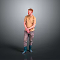 Man Standing Against Gray Background In Brown T-shirt Gray Pants Blue Boots With Hands Crossed