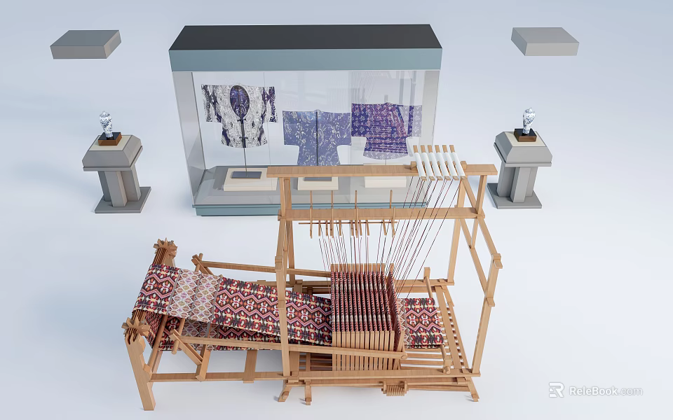 Vintage Wooden Loom Industrial Equipment With Glass Display Case Fabrics And Decorative Statues 3d model 