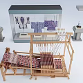 Vintage Wooden Loom Industrial Equipment With Glass Display Case Fabrics And Decorative Statues