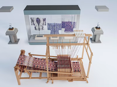 Vintage Wooden Loom Industrial Equipment With Glass Display Case Fabrics And Decorative Statues 3d model