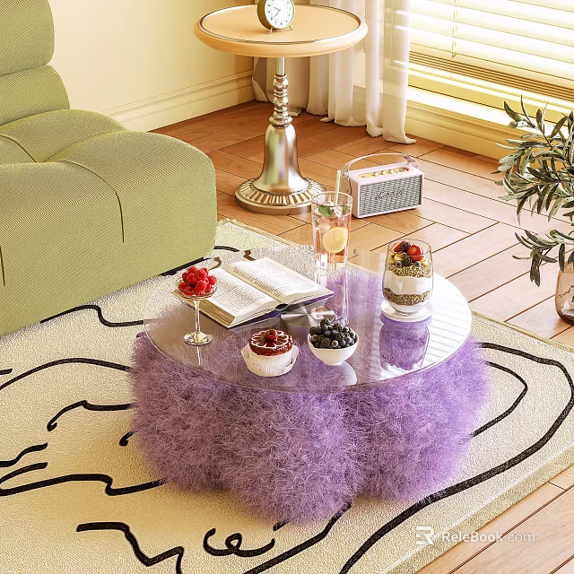 Glass Top Coffee Table With Purple Fluffy Base Open Book Wine Glass And Desserts 3d model 
