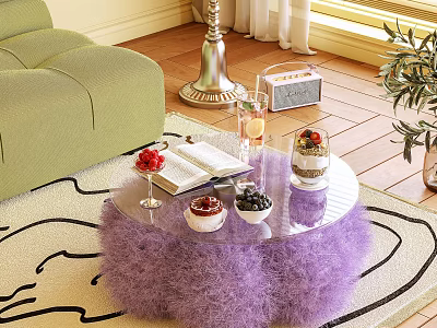 Glass Top Coffee Table With Purple Fluffy Base Open Book Wine Glass And Desserts 3d model