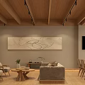 Modern Office Lounge Interior With Wooden Ceiling Large Artwork Shelving Units And Sofa