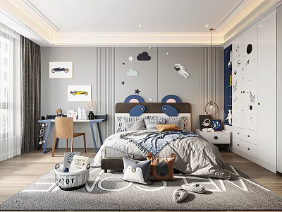 Kids Room Interior Design With Space Theme Stars Clouds Stickers Bed Desk And Toys 3d model