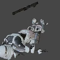 Man Wearing White Armor With Helmet Holding Weapon Carrying Backpack Against Dark Background