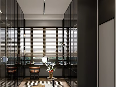 Modern Walk in Closet Interior Design With Black Glass Doors Mirror Walls And Checkerboard Floor 3d model