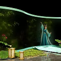 Elegant Art Installation With Woman In Blue Traditional Costume Bamboo Forest And Lotus Flowers