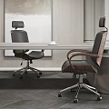 Modern Office Chair with Leather Wooden Armrests in Workspace with Long Desk and Wall Art