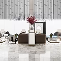 Modern Hotel Public Lounge Area With Beige Sofa Gray Blue Cushions Green Plants Large Windows