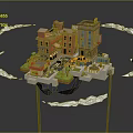 Cartoon Style Floating City Scene With Buildings Taxi Shops And Clouds