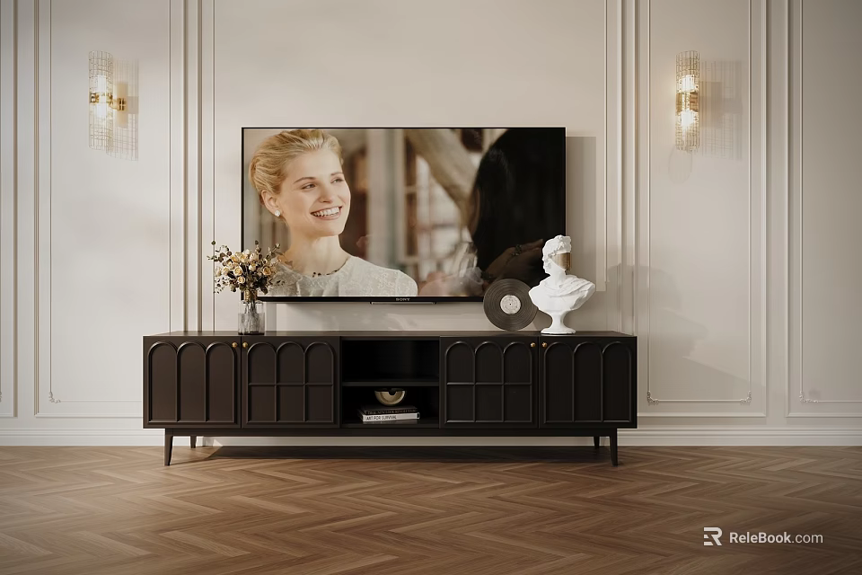 Modern TV Stand with Vase Flowers White Statue Wall Sconces and Herringbone Wooden Floor 3d model 