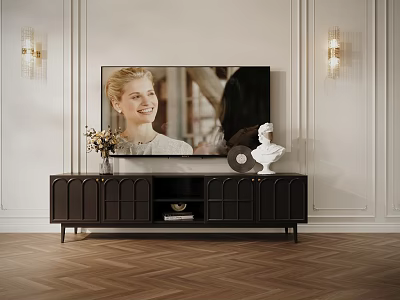Modern TV Stand with Vase Flowers White Statue Wall Sconces and Herringbone Wooden Floor 3d model