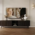 Modern TV Stand with Vase Flowers White Statue Wall Sconces and Herringbone Wooden Floor