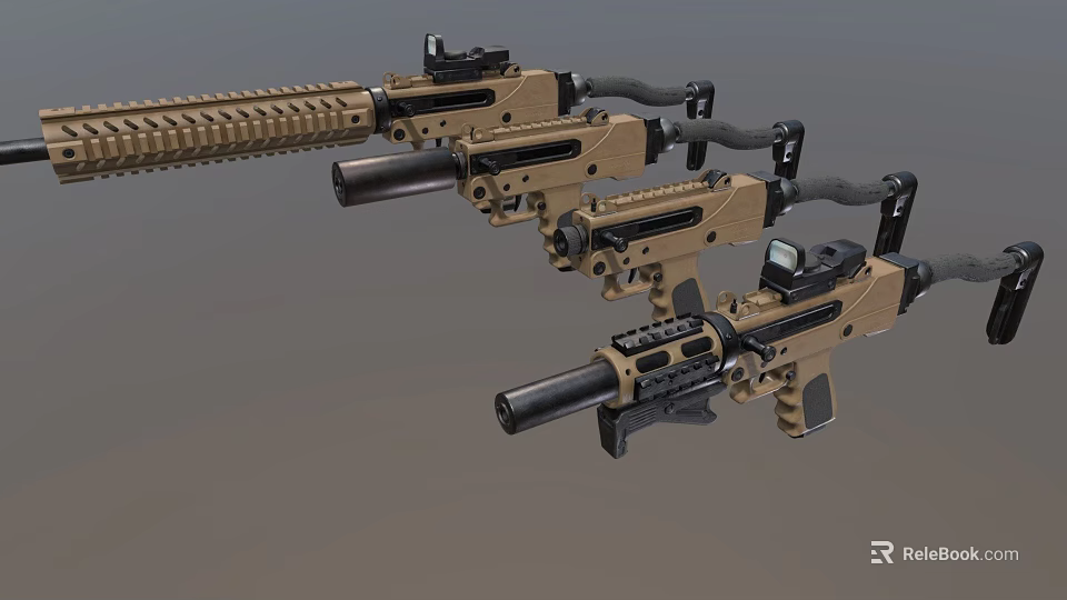 Three Different Models of Brown Tactical Firearms with Scopes and Barrel Attachments 3d model 