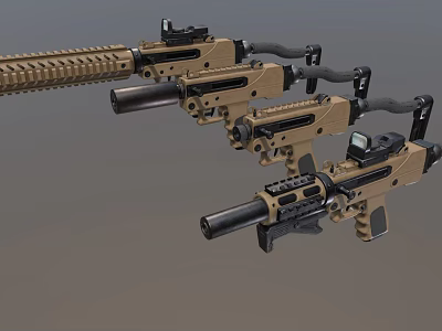 Three Different Models of Brown Tactical Firearms with Scopes and Barrel Attachments 3d model