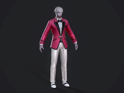 A stylish man wearing red coat black bow tie white pants and black shoes 3d model