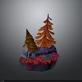 Colorful Paper Art Scene Model With Red Orange Trees And Rock Base