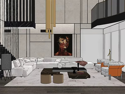 Modern Living Room Sofa and Coffee Table Set With Artwork Pendant Lights and Area Rug 3d model