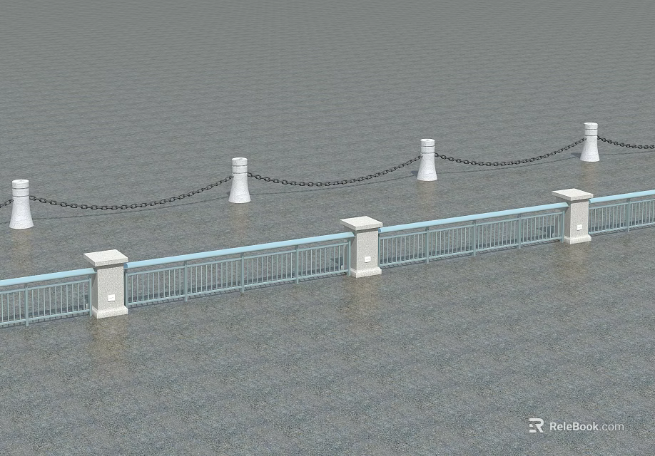 Garden Landscape Design With White Pillars Railing And Chains On Gray Paved Ground 3d model