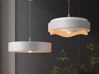 Modern White Striped Pendant Lights Hanging Over Dark Wall With Green Plants 3d model