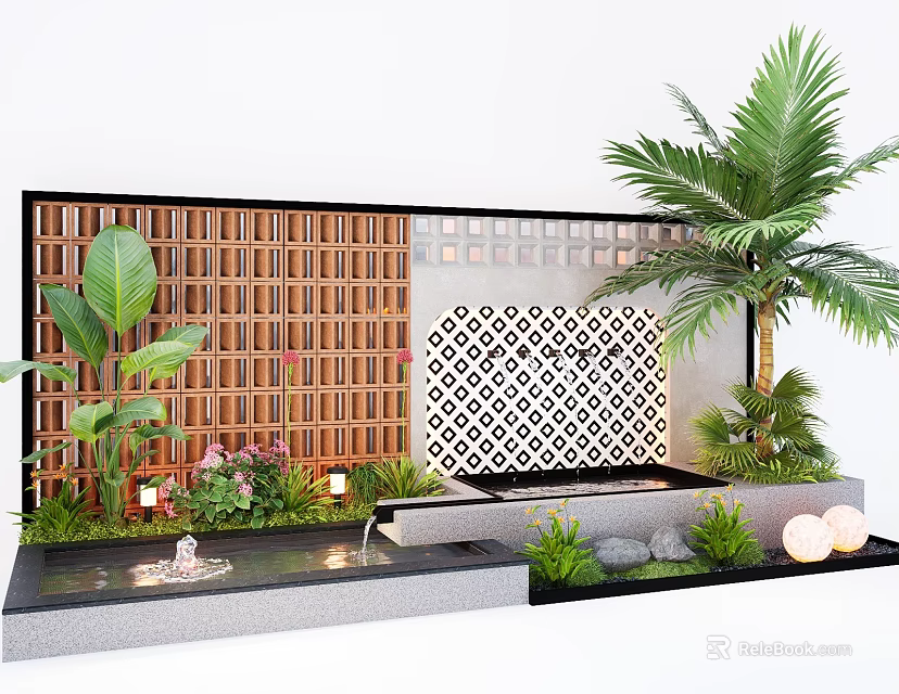 Modern Garden Feature Wall With Wooden Grille Geometric Pattern Plants And Water Feature 3d model 
