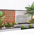 Modern Garden Feature Wall With Wooden Grille Geometric Pattern Plants And Water Feature
