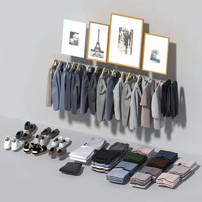 Trendy Clothes Hanging on Hooks with Folded Garments Shoes and Decorative Wall Art 3d model