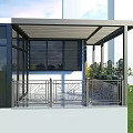 Modern Metal Pergola With Glass Panels Decorative Railings And Green Plants