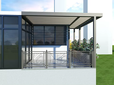 Modern Metal Pergola With Glass Panels Decorative Railings And Green Plants 3d model