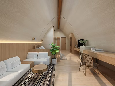 Modern Cozy Hotel Room Interior With Wooden Elements White Sofa And Green Plant 3d model