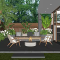 Tranquil Courtyard Garden With Outdoor Sofa Chairs Fire Pit Wooden Fence and Lush Greenery