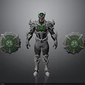 Armored Character In Silver Armor With Green Gem And Intricate Circular Shields