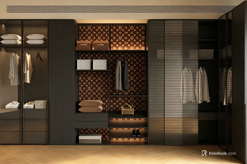 Modern Dark Wood Wardrobe With Patterned Panel Hanging Rails Clothing Storage And Shoe Shelves 3d model 