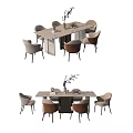 Modern Dining Table Set With Beige And Brown Chairs And Decorative Plants 3d model